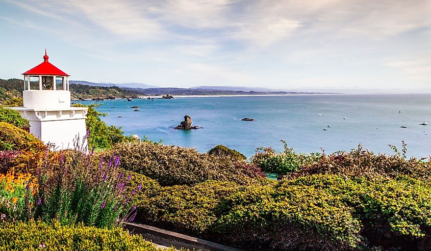 Memorial Lighthouse in Trinidad California, colorful flowers view and colorful bay