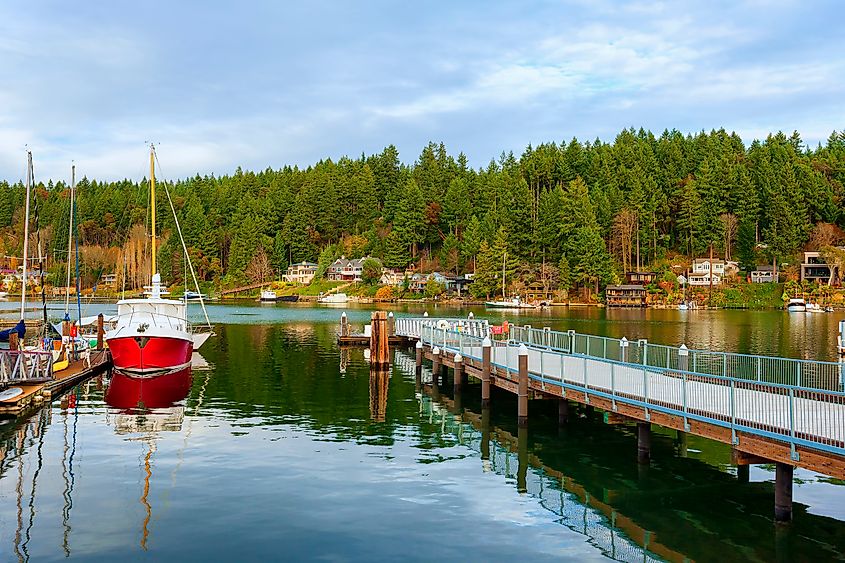 Late afternoon sunlight at the harbor in Gig Harbor, Washington.