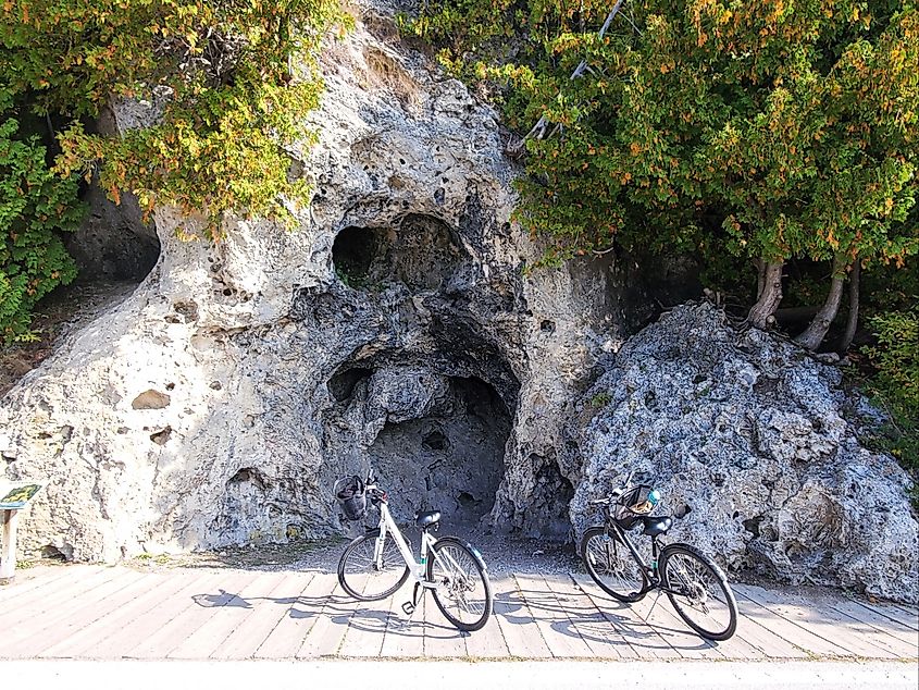 Bicycles and Devil's Kitchen on Mackinac Island