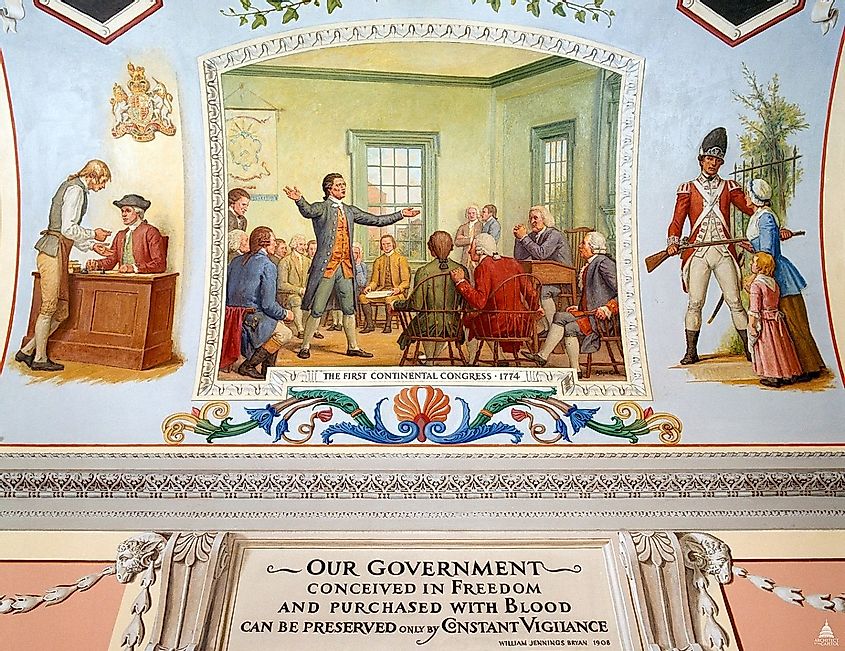 Delegates from twelve of the thirteen colonies that would ultimately join in the American Revolutionary War met from September 5 to October 26, 1774 at Carpenter's Hall in Philadelphia