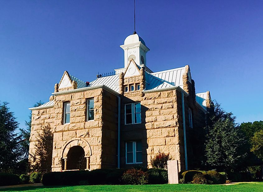 Main façade of the Old Chickasaw Nation Capitol building in Tishomingo, Oklahoma.