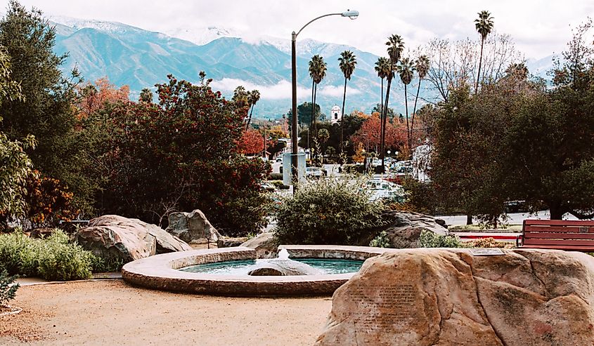 Downtown Ojai California after a winter snow in the mountains