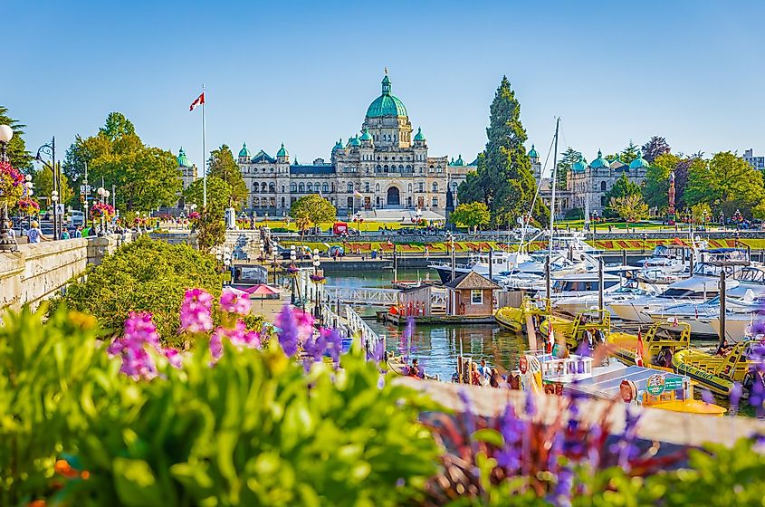 Victoria Harbour and Parliament Buildings in Victoria, British Columbia.