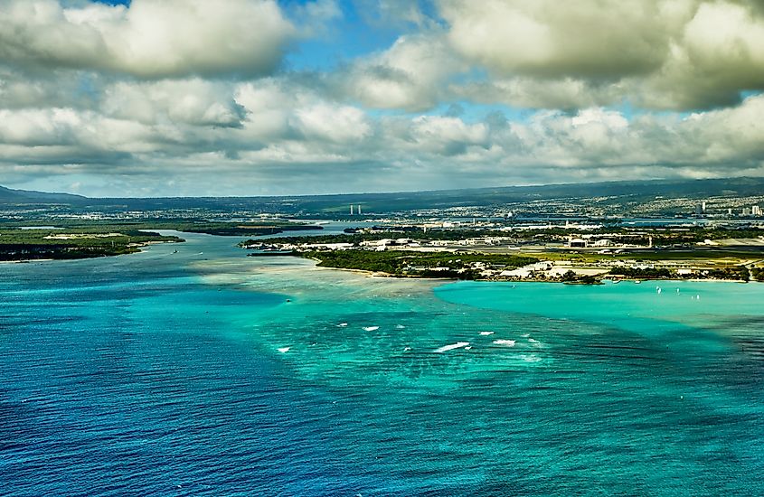 Aerial View of Entrance to Pearl Harbor at Iroquois Point on the Island of Oahu, Hawaii.