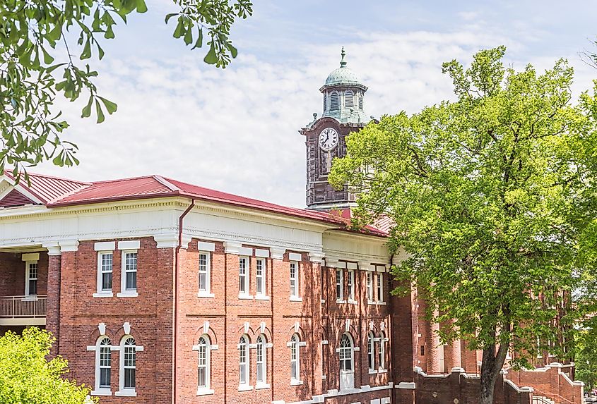 Clock tower atop White Hall on the campus of Tuskegee University in Tuskegee, Alabama. The building and clock were constructed in the early 1900s.