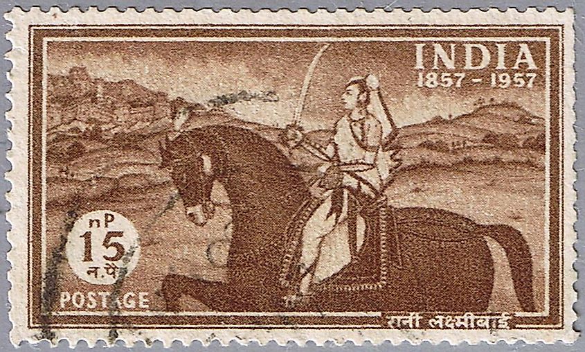 A stamp printed in India shows a portrait of an Indian fighter for independence of India Rani Lakshmi bai, circa 1957