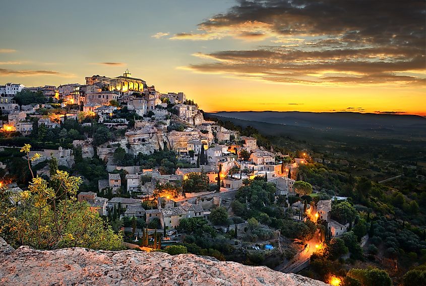 Gordes, France, sparkling at dusk.