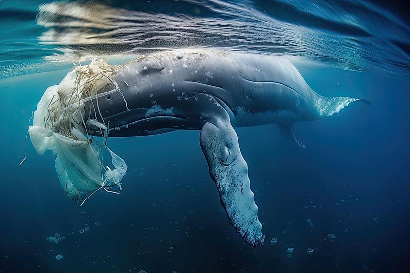 Illustration showing whale trapped in plastic trash.