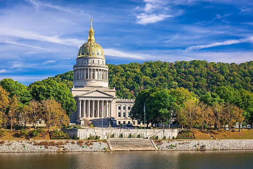 West Virginia State Capitol on the Kanawha River in Charleston, West Virginia.