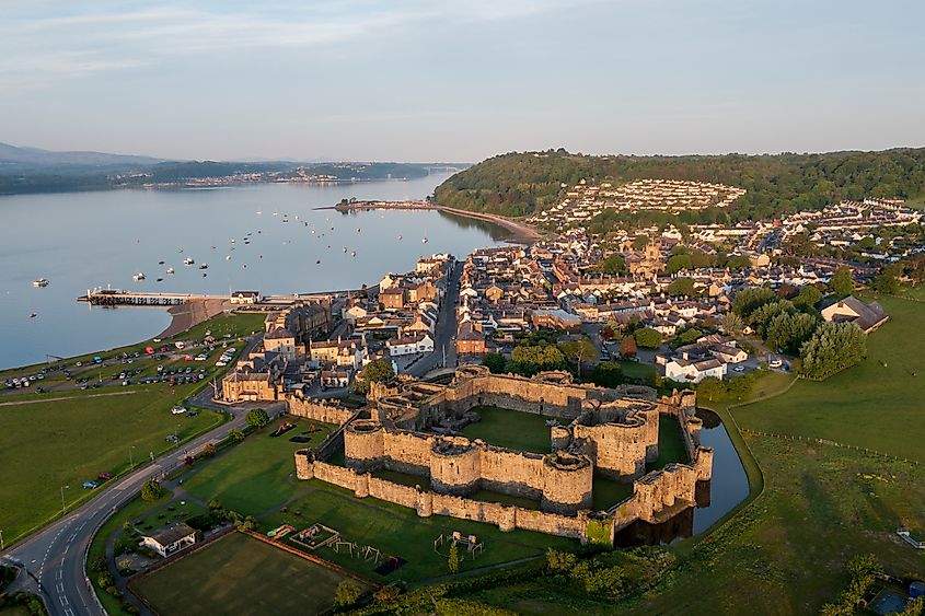 Aerial view of the Beaumaris Castle and town in Wales.