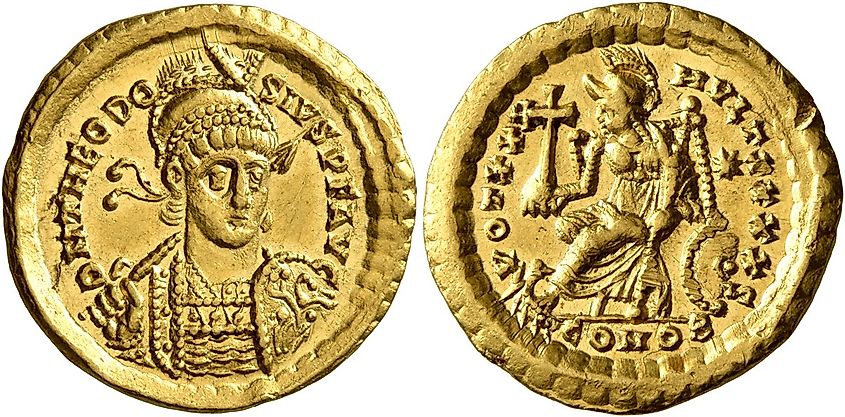 Ancient Roman solidus depicting Theodosius II.