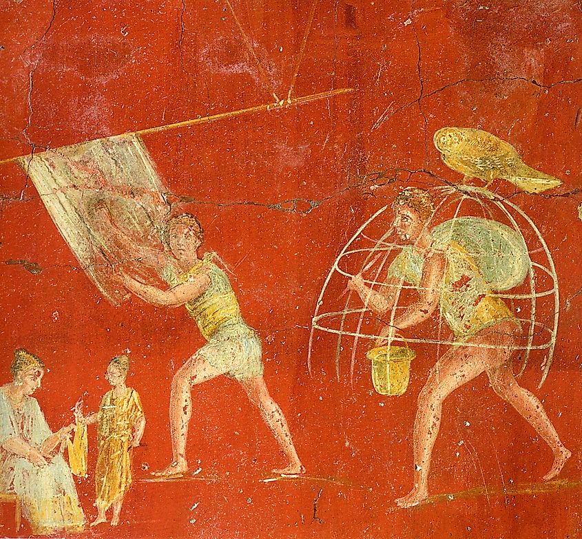 Workers at a cloth-processing shop, in a painting from the 'fullonica of Veranius Hypsaeus in Pompeii