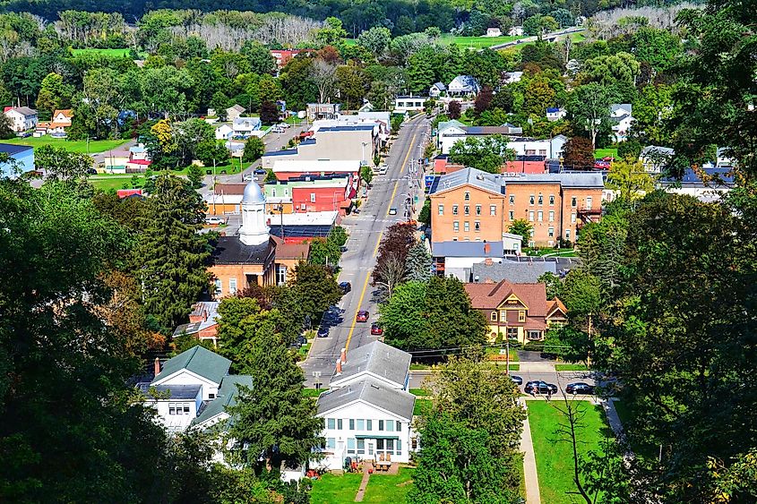 Aerial view of Montour Falls, a small historic village - cityscape at the Main Street, in upstate New York