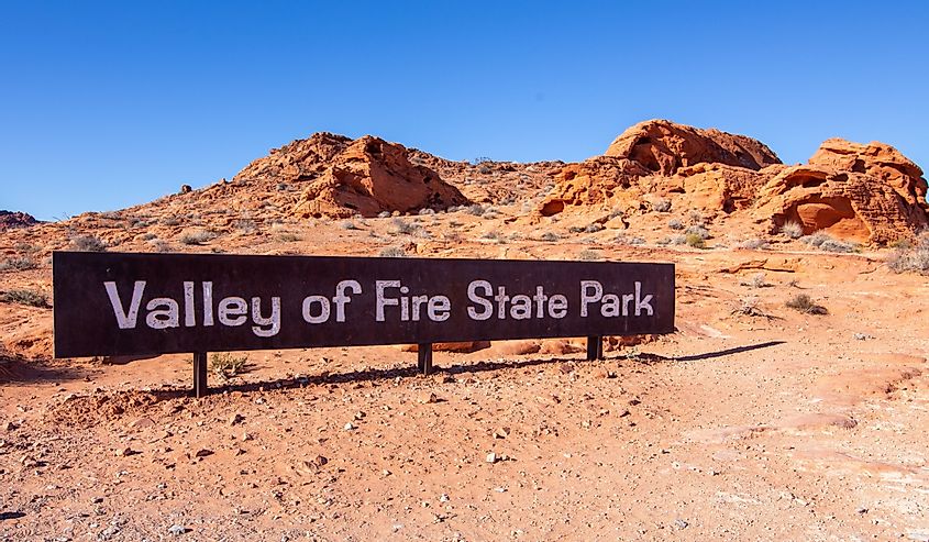 Valley of Fire State Park sign. Near Lake Mead.