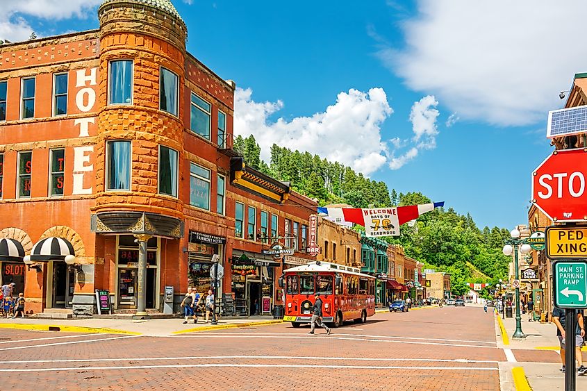 The vibrant Main Street in Deadwood, South Dakota.
