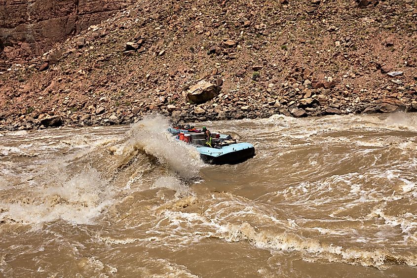 raft going through Big Drop Rapids of the Cataract Canyon.