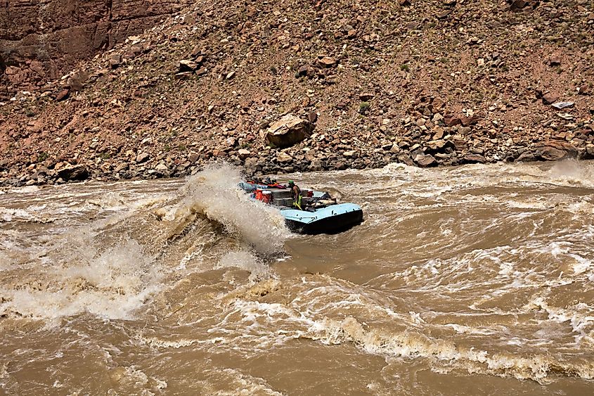 raft going through Big Drop Rapids of the Cataract Canyon. 