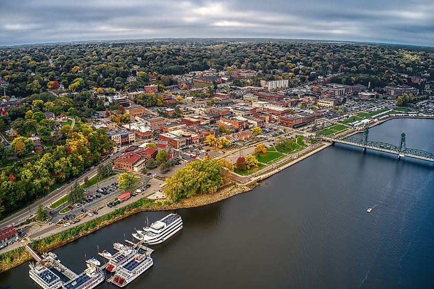 Aerial view of Stillwater on the banks of the St. Croix River.