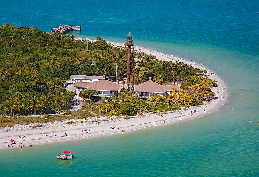 The Sanibel Island lighthouse and beach in Sanibel Island, Florida.