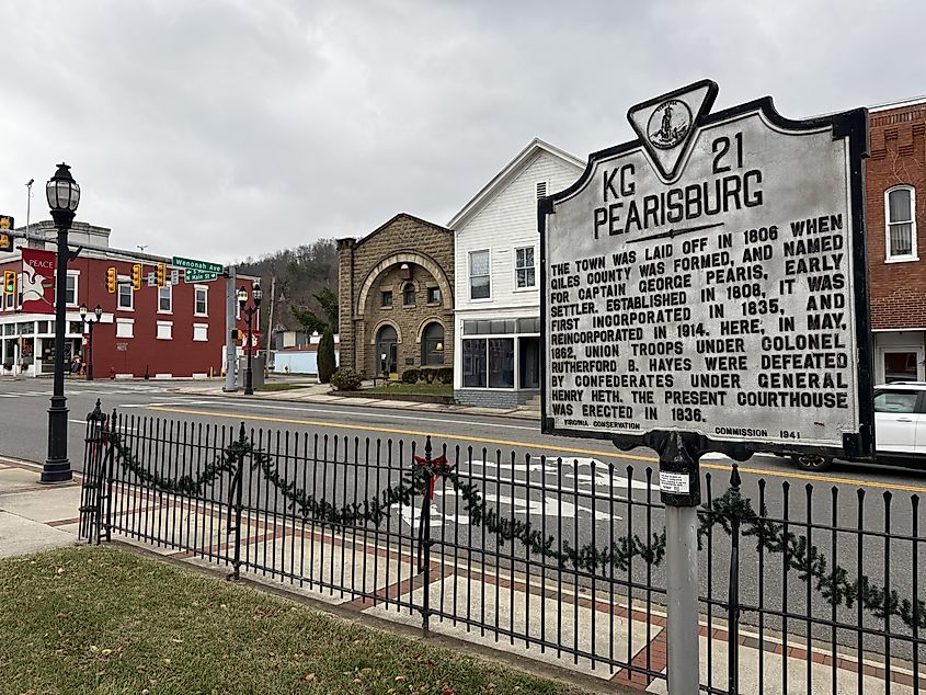 Giles County, Virginia USA - December 6, 2024: Historical marker in downtown Pearisburg, VA.