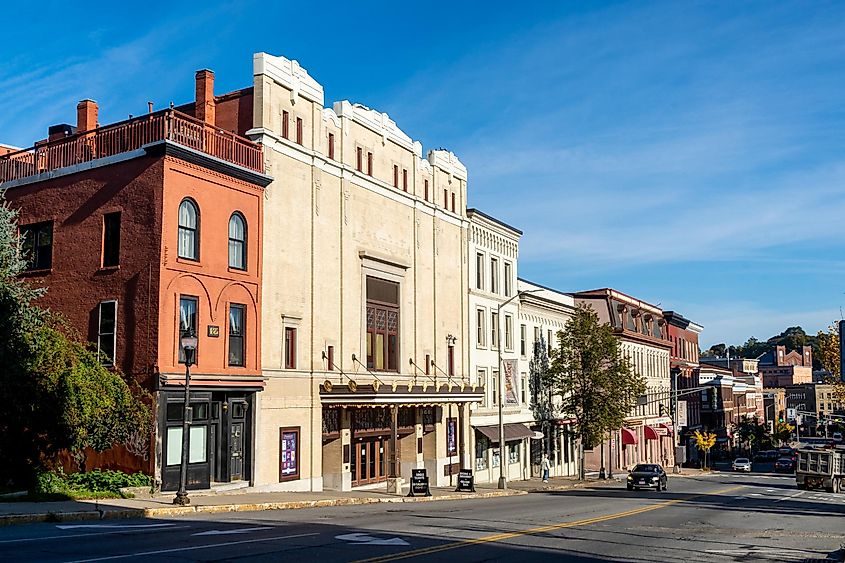 Three quarter view of the Penobscot Theatre Company on Main Street. Built in 1920 and is an early example of Art Deco and Egyptian Revival architecture, via Brian Logan Photography / Shutterstock.com