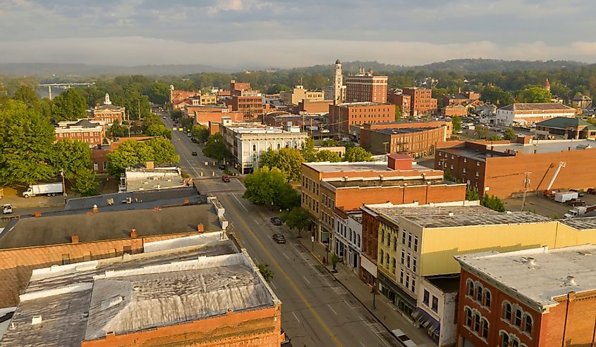 Aerial view of the downtown area and buildings in Marietta, Ohio