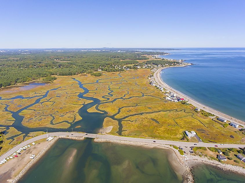 Rye Harbor aerial view in Rye Harbor State Park in town of Rye, New Hampshire