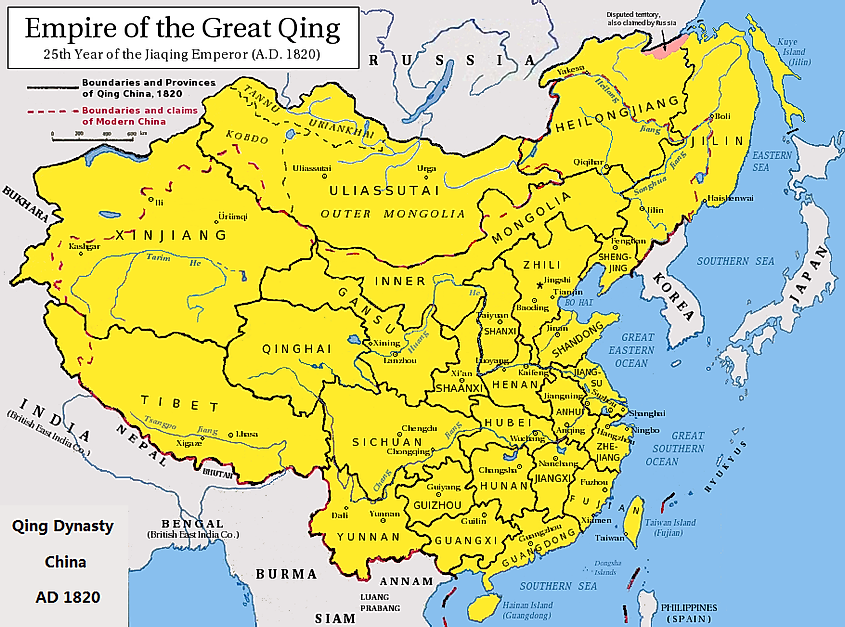 Map of the Qing Dynasty China in 1820. (Includes provincial boundaries and the boundaries of modern China for reference.)