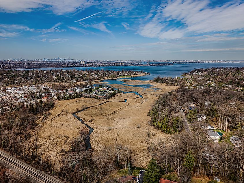 Aerial view over Great Neck, New York.