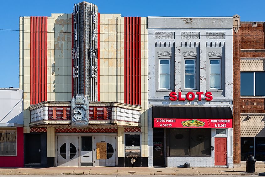 Editorial Photo Credit: Eddie J. Rodriquez via Shutterstock. Mattoon, Illinois - United States - March 19th, 2023: Exterior of the Times Theater, built in 1938, in downtown Mattoon, Illinois, USA.