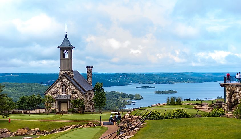 An old stone church sits at top of the rock in Branson, Missouri.