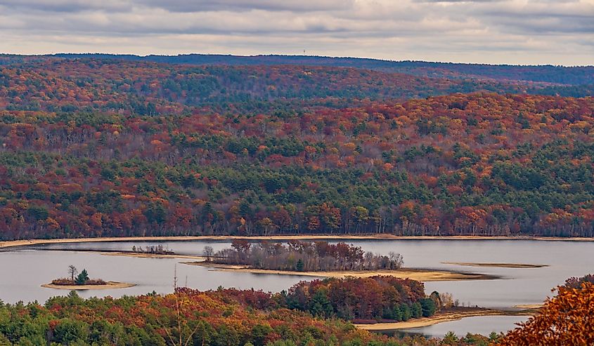 A view over the Quabbin Reservoir with colorful fall foliage
