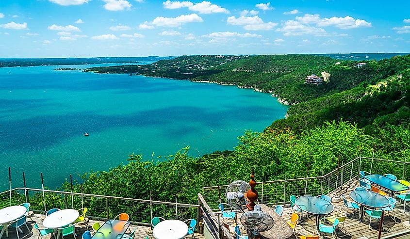 green summer landscape at the lake , Travis lake landscape lake relaxing overlook view of the central Texas hill country outside of Austin Texas