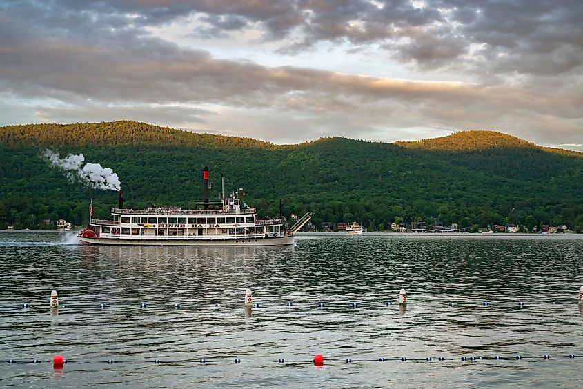 Steamboat cruising on the scenic Lake George in New York State, USA.