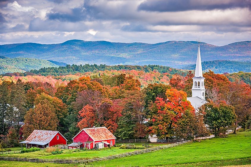 Fall colors and a church in Peacham, Vermont.