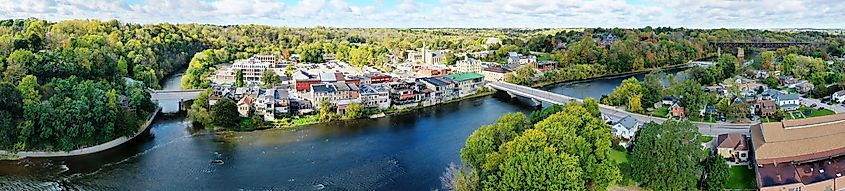 An aerial panorama view of Paris, Ontario, Canada in early autumn.