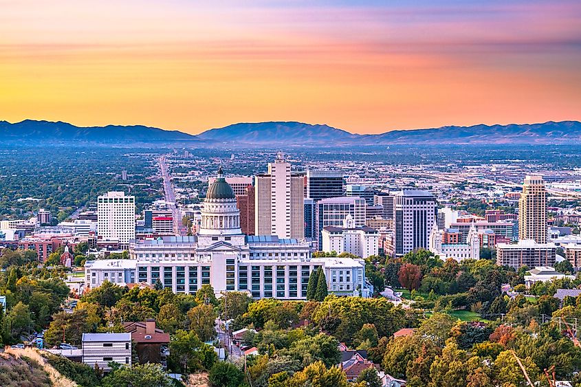 Salt Lake City, Utah, USA downtown city skyline at dusk.