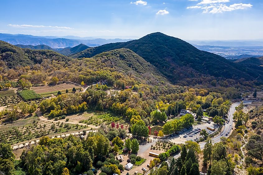 Aerial view of the charming mountain town of Oak Glen, California.