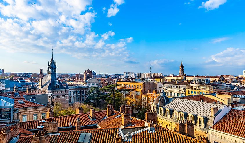 View over the rooftops of Toulouse, from the city center, in Haute Garonne, Occitanie, France