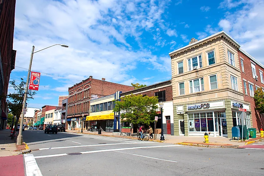 Historic commercial buildings on Main Street in downtown Fitchburg, Massachusetts.