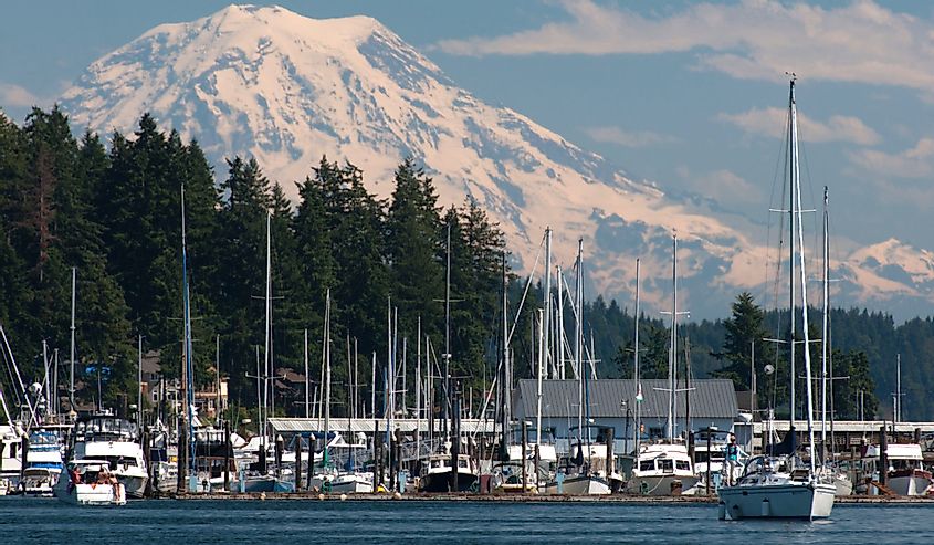 Mt Rainier in the background of small town Gig Harbor