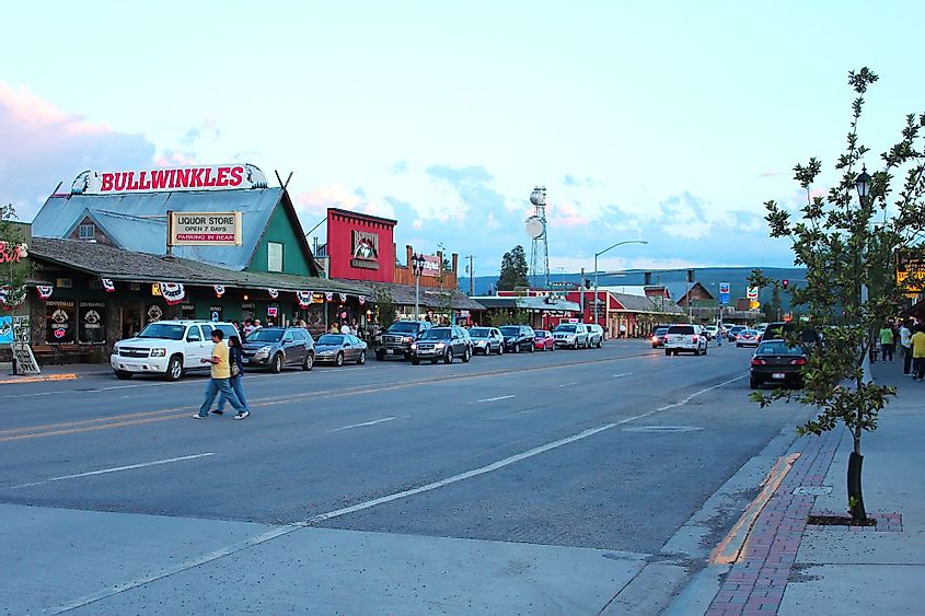 Downtown streets, motels, bars, restaurants in West Yellowstone, Montana. 