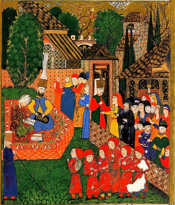 Illustration of an Ottoman official and his assistant registering Christian boys for the devshirme