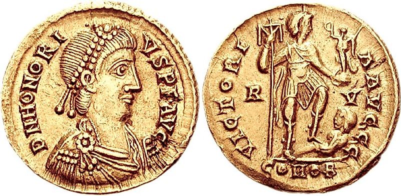 Inscription of Emperor Honorius on a gold coin