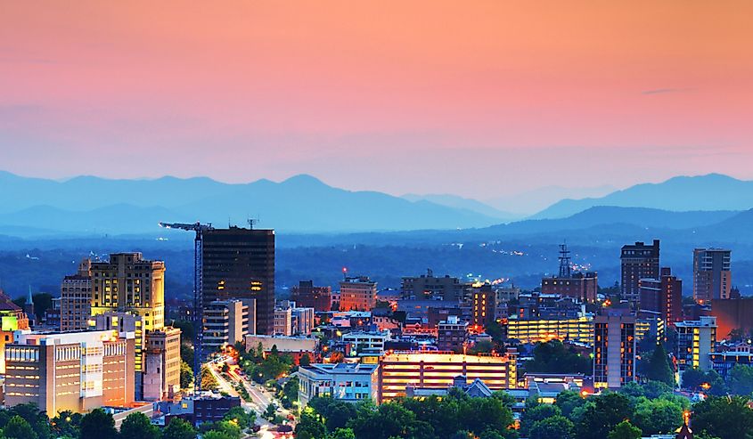 Asheville, North Carolina skyline nestled in the Blue Ridge Mountains