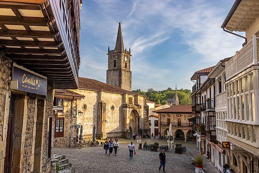 A corner of Comillas's old town, with squares, cobblestone streets, and traditional houses, Spain.