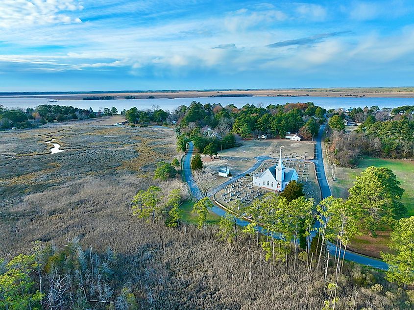 An aerial view of a white, old-fashioned church in the city of Princess Anne, Mount Vernon, Maryland.