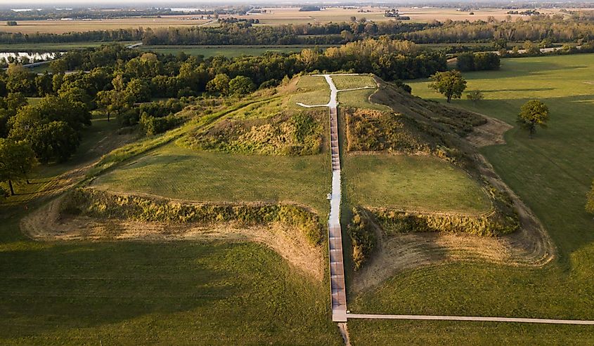 The largest earthen mound in North America, aerial view of Monk's Mound at Cahokia.