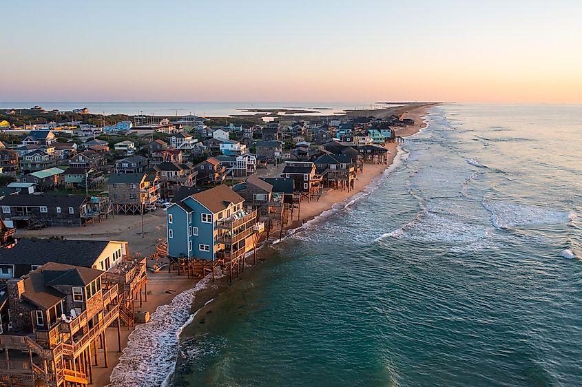 Aerial View of homes right on the shoreline in Buxton North Carolina