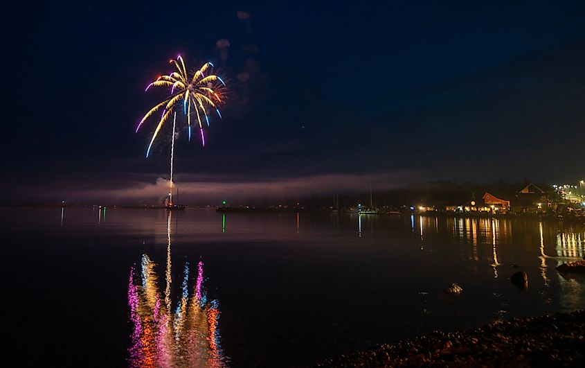 Fireworks over the harbor in Grand Marais, Minnesota.